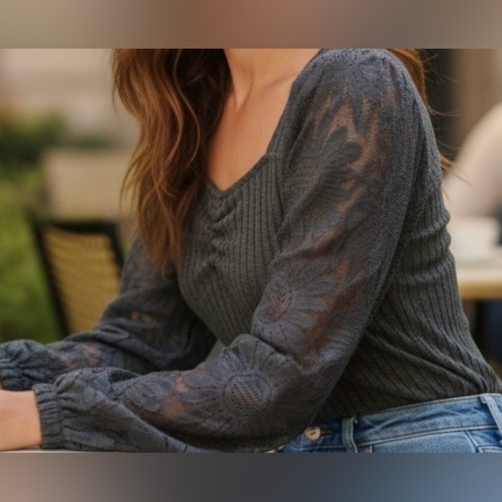 Women's Dark Gray Knit Top with Sheer Lace Sleeves